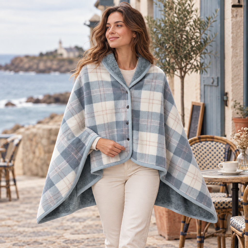 Cape Poncho à Carreaux Bleu Clair – Bleu Clair / Adulte, porté en mouvement au bord de l’océan