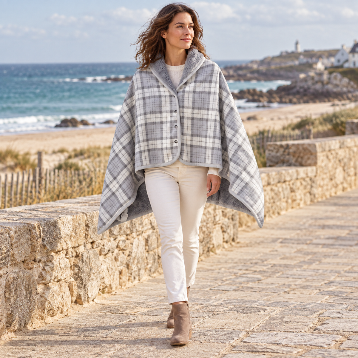 Cape Poncho à Carreaux Gris – Gris / Adulte, en situation sur la côte Atlantique