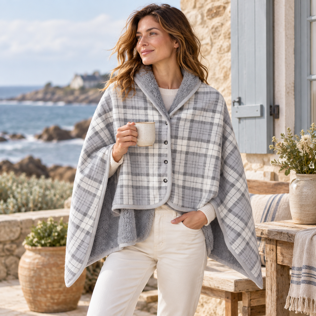 Cape Poncho à Carreaux Gris – Gris / Adulte, dans un intérieur côtier lumineux