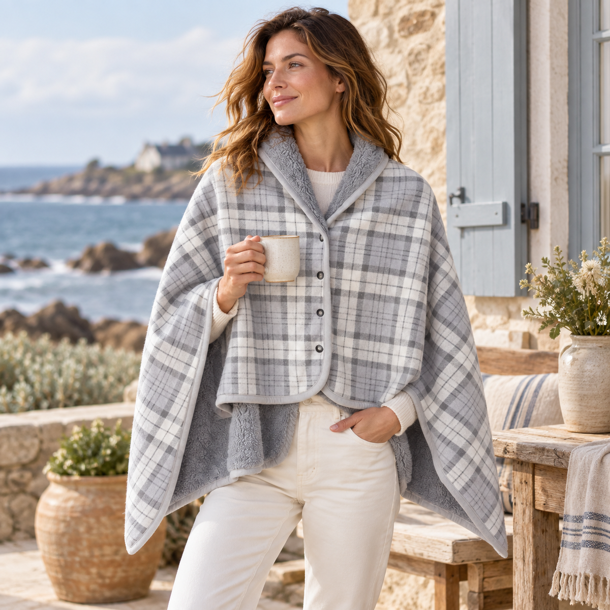 Cape Poncho à Carreaux Gris – Gris / Adulte, dans un intérieur côtier lumineux