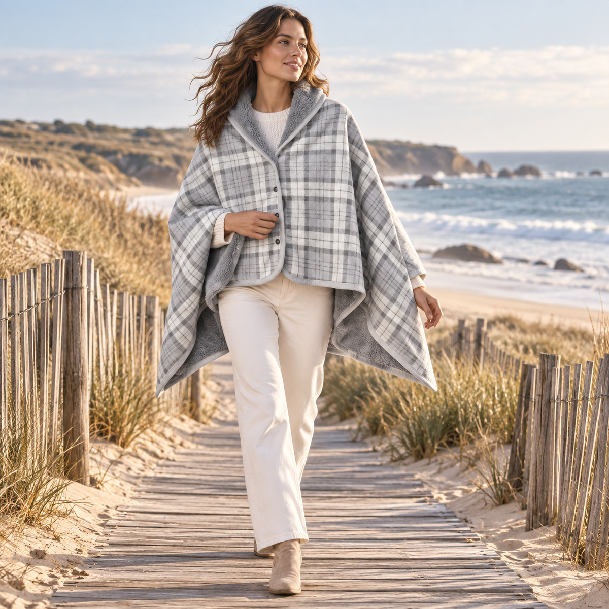 Cape Poncho à Carreaux Gris – Gris / Adulte, porté en mouvement au bord de l’océan