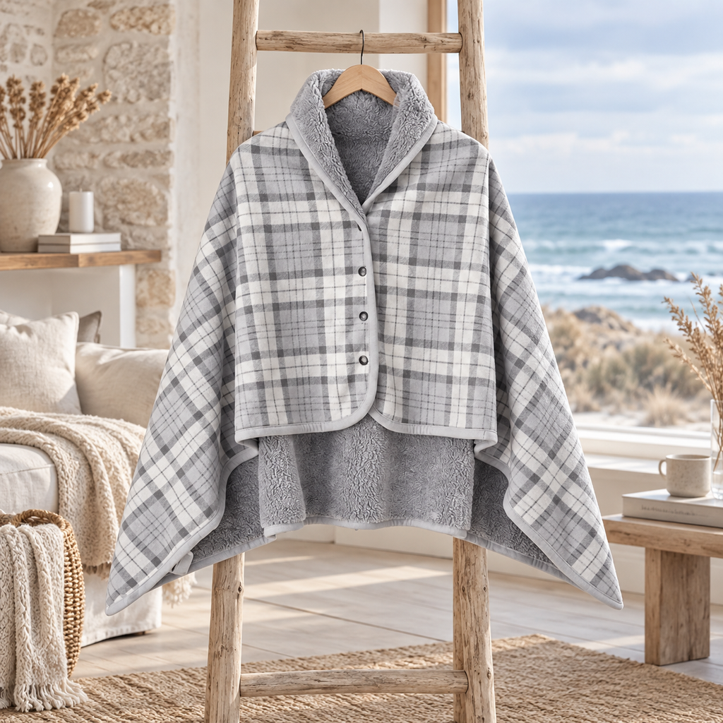 Cape Poncho à Carreaux Gris – Gris / Adulte, visuel principal lifestyle