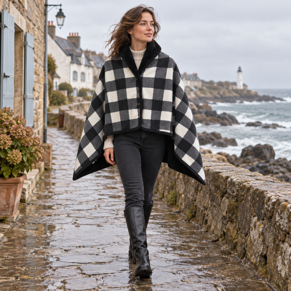 Cape Poncho à Carreaux Noir – Noir / Adulte, en situation sur la côte Atlantique