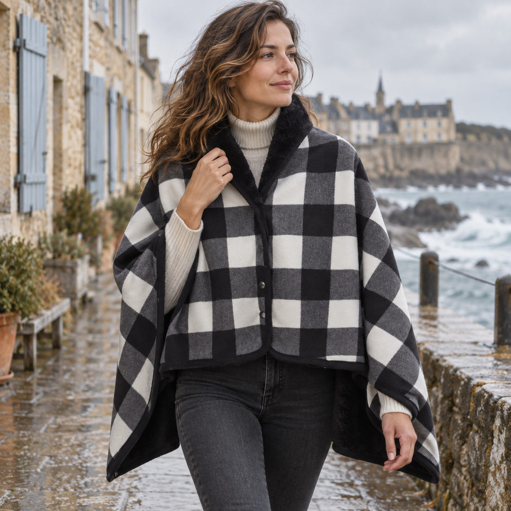 Cape Poncho à Carreaux Noir – Noir / Adulte, dans un intérieur côtier lumineux
