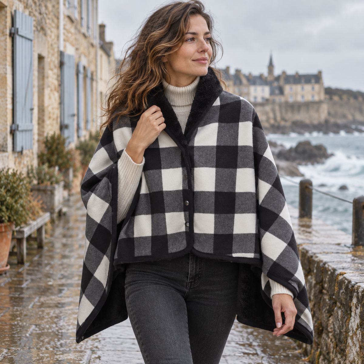 Cape Poncho à Carreaux Noir – Noir / Adulte, dans un intérieur côtier lumineux