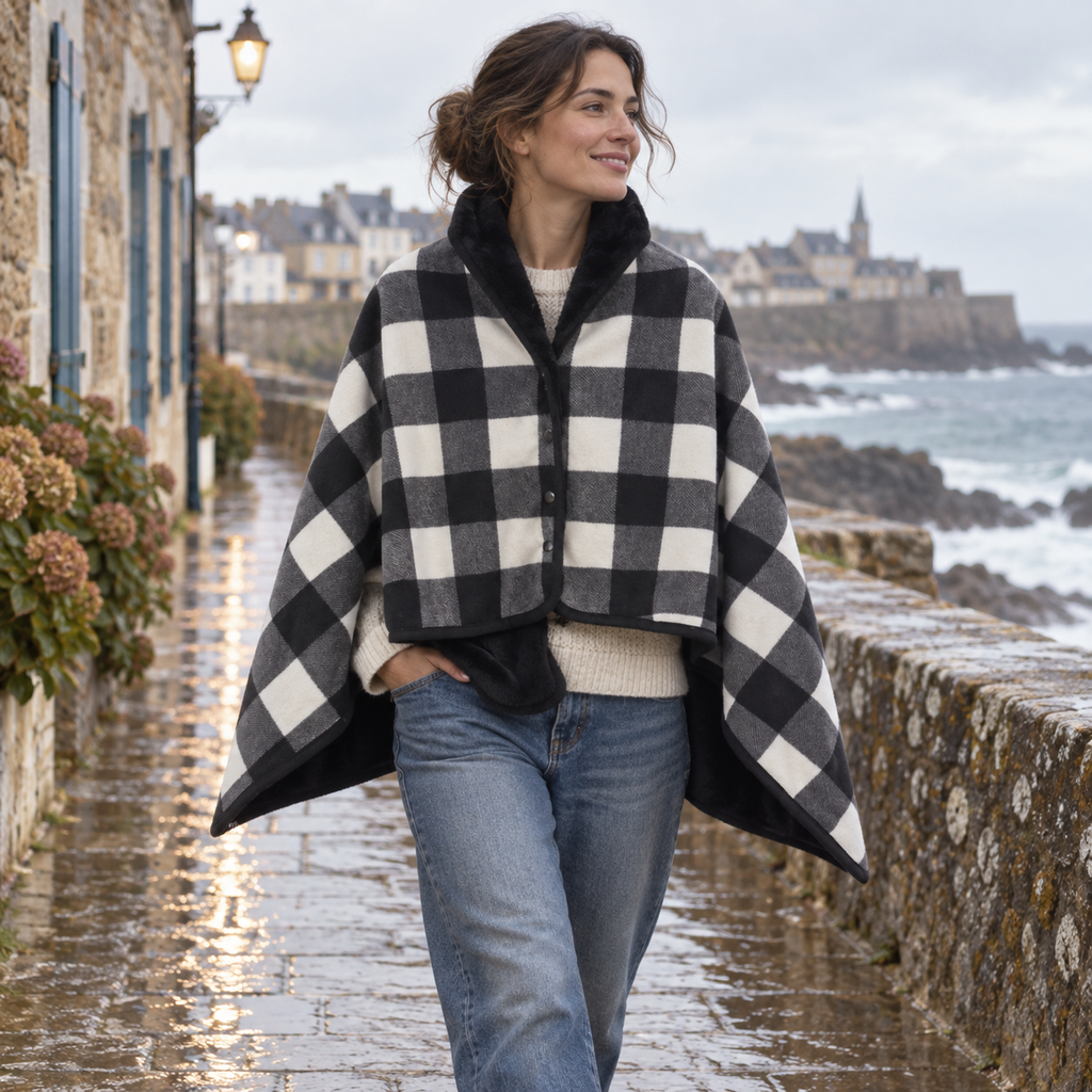 Cape Poncho à Carreaux Noir – Noir / Adulte, porté en mouvement au bord de l’océan
