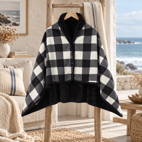 Cape Poncho à Carreaux Noir – Noir / Adulte, visuel principal lifestyle