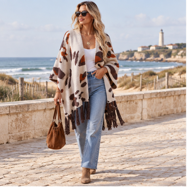 Cape Poncho À Franges – Beige / Adulte, en situation sur la côte Atlantique