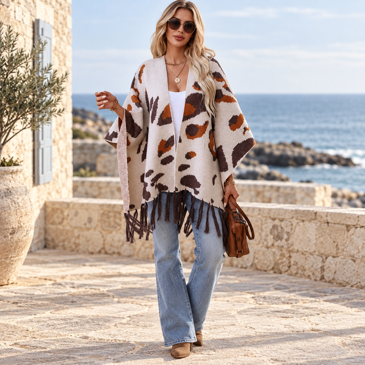 Cape Poncho À Franges – Beige / Adulte, visuel principal lifestyle