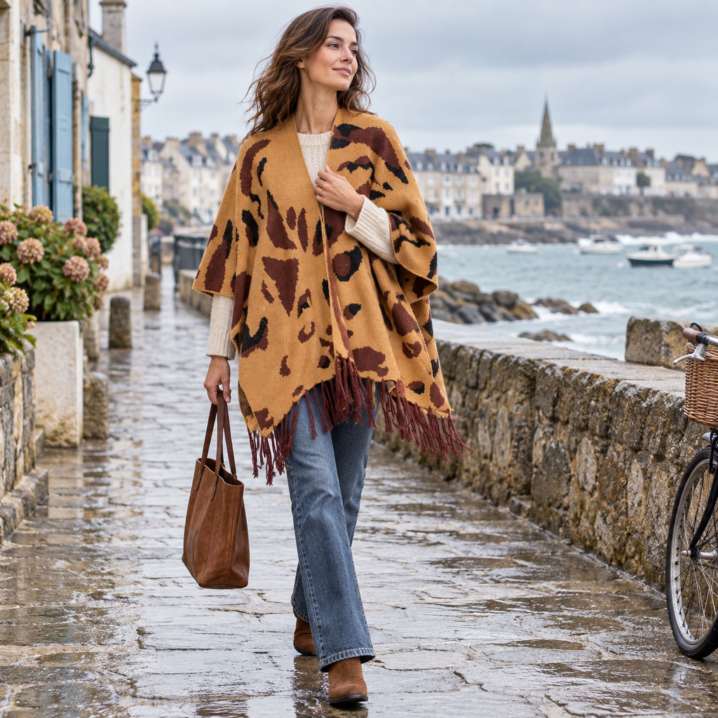Cape Poncho À Franges – Camel / Adulte, en situation sur la côte Atlantique
