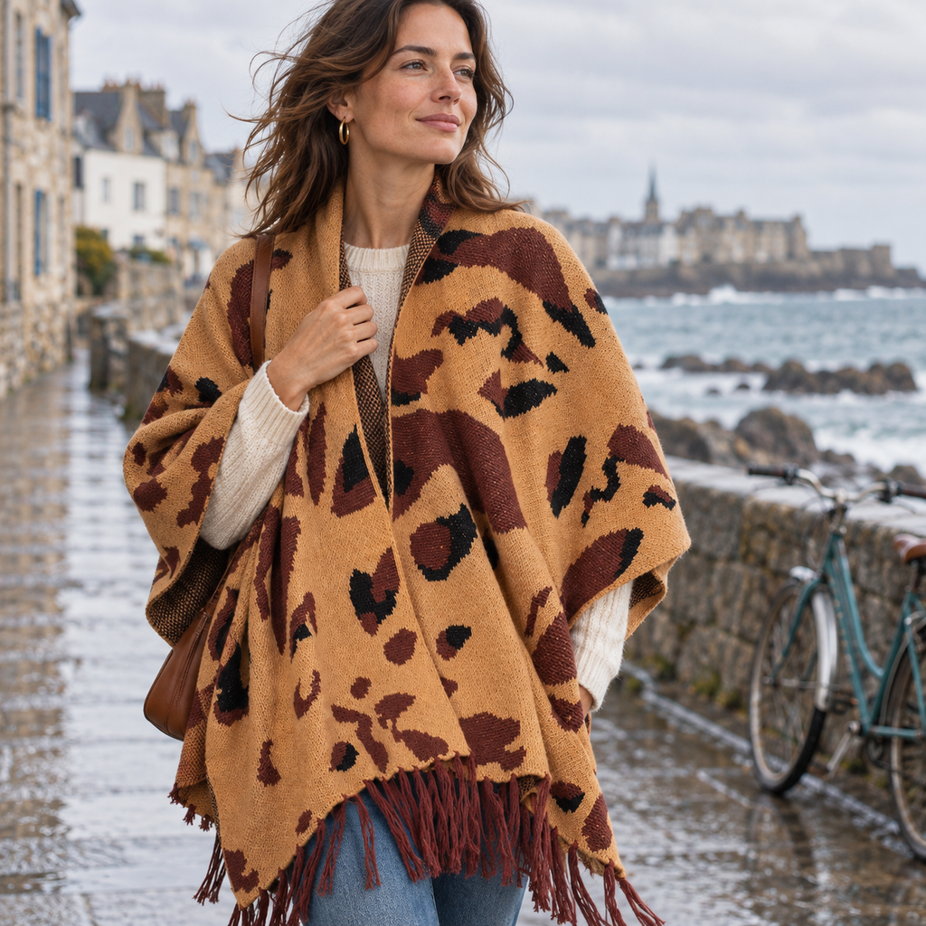 Cape Poncho À Franges – Camel / Adulte, dans un intérieur côtier lumineux