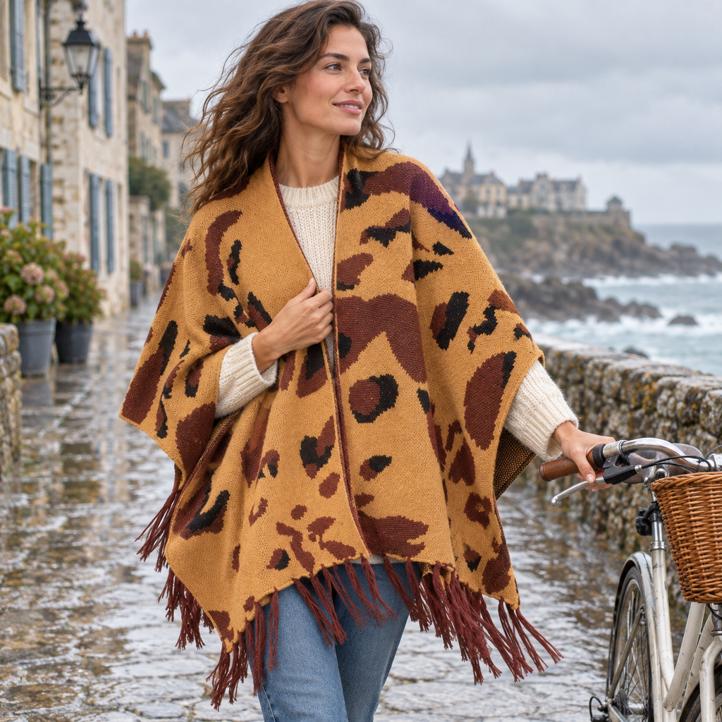 Cape Poncho À Franges – Camel / Adulte, porté en mouvement au bord de l’océan