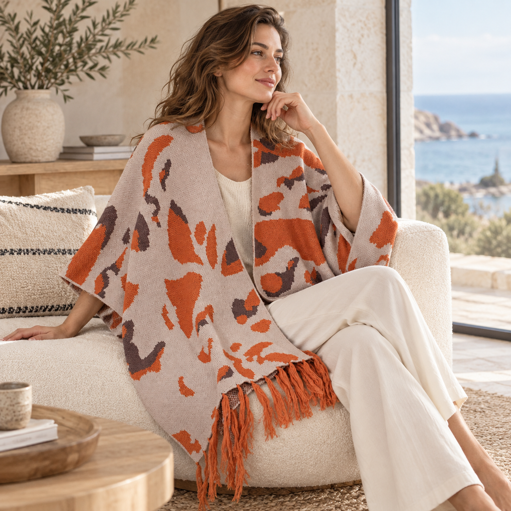Cape Poncho À Franges – Orange / Adulte, dans un intérieur côtier lumineux