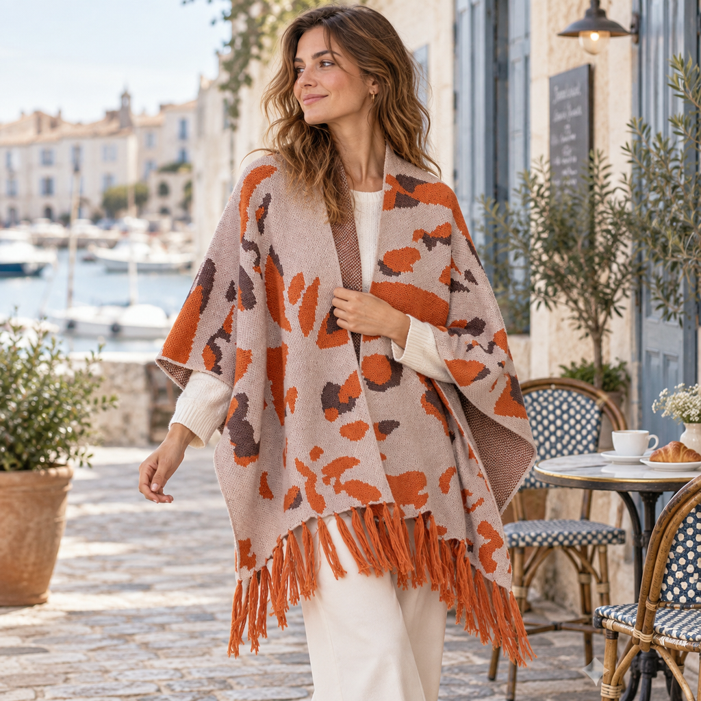 Cape Poncho À Franges – Orange / Adulte, porté en mouvement au bord de l’océan