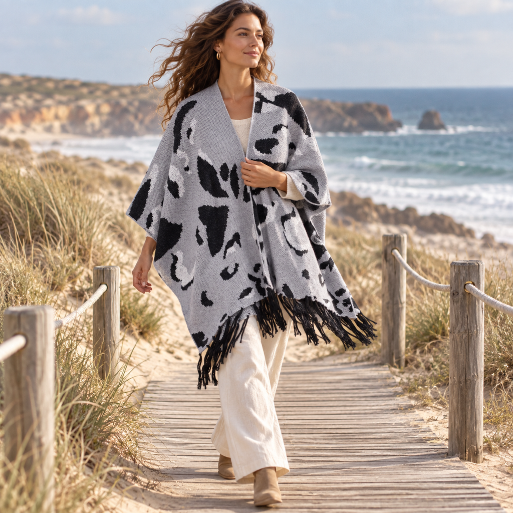 Cape Poncho À Franges – Gris / Adulte, porté en mouvement au bord de l’océan