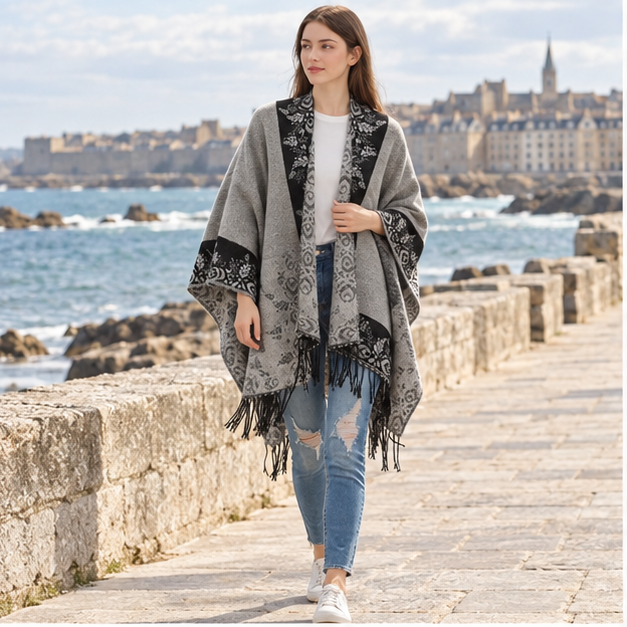 Cape Poncho à Franges Motifs Floraux – Gris / Adulte, en situation sur la côte Atlantique