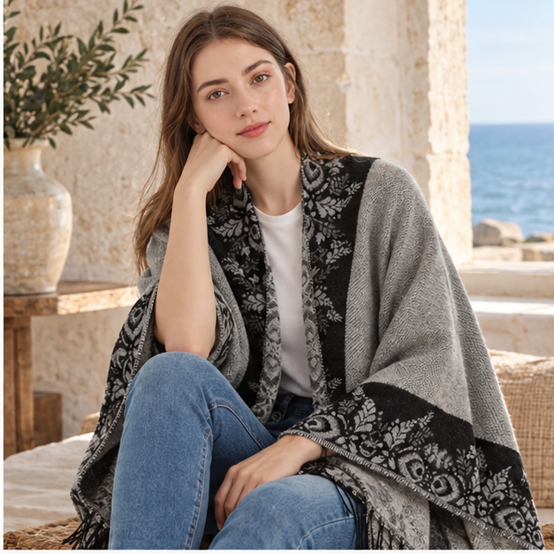 Cape Poncho à Franges Motifs Floraux – Gris / Adulte, dans un intérieur côtier lumineux