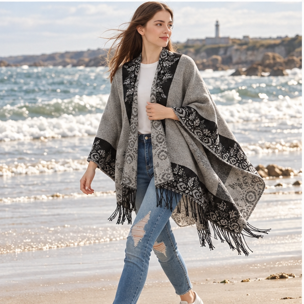 Cape Poncho à Franges Motifs Floraux – Gris / Adulte, porté en mouvement au bord de l’océan