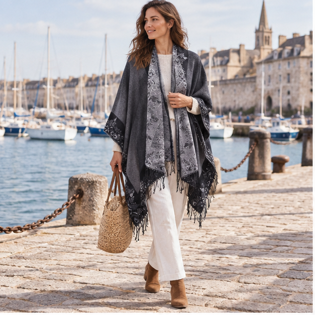 Cape Poncho à Franges Motifs Floraux – Gris Foncé / Adulte, en situation sur la côte Atlantique
