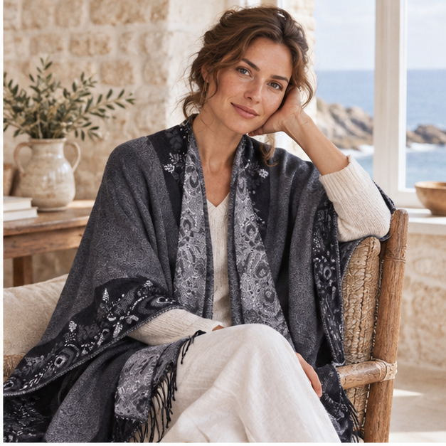 Cape Poncho à Franges Motifs Floraux – Gris Foncé / Adulte, dans un intérieur côtier lumineux