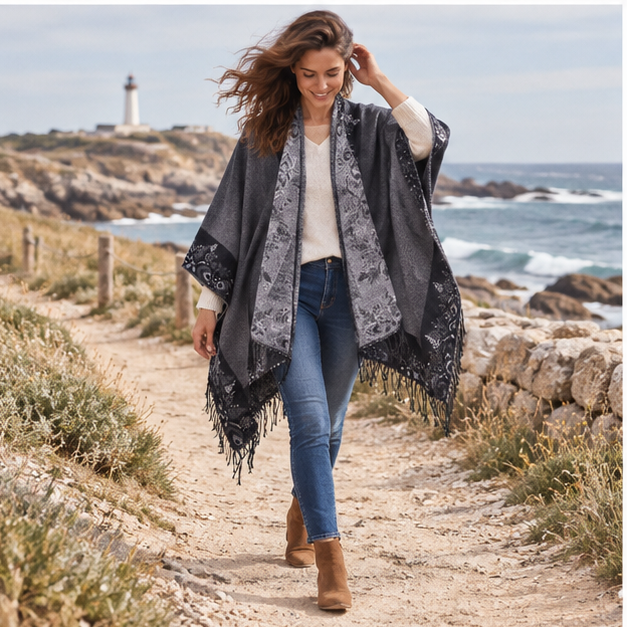Cape Poncho à Franges Motifs Floraux – Gris Foncé / Adulte, porté en mouvement au bord de l’océan