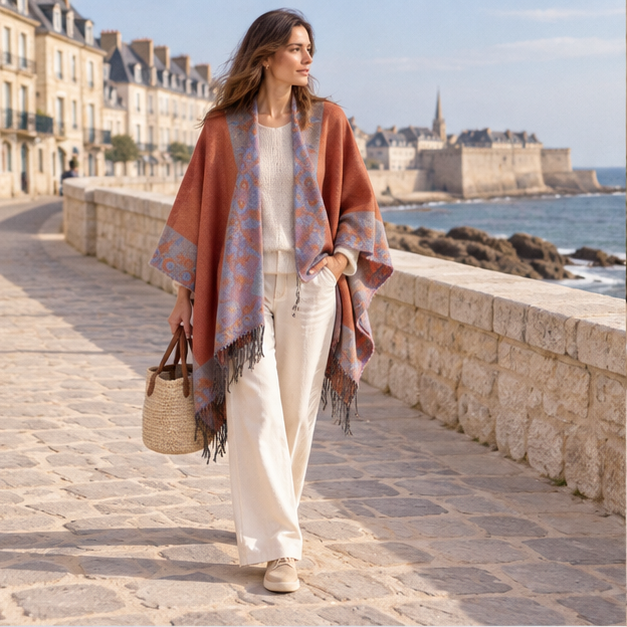 Cape Poncho à Franges Motifs Floraux – Orange / Adulte, en situation sur la côte Atlantique