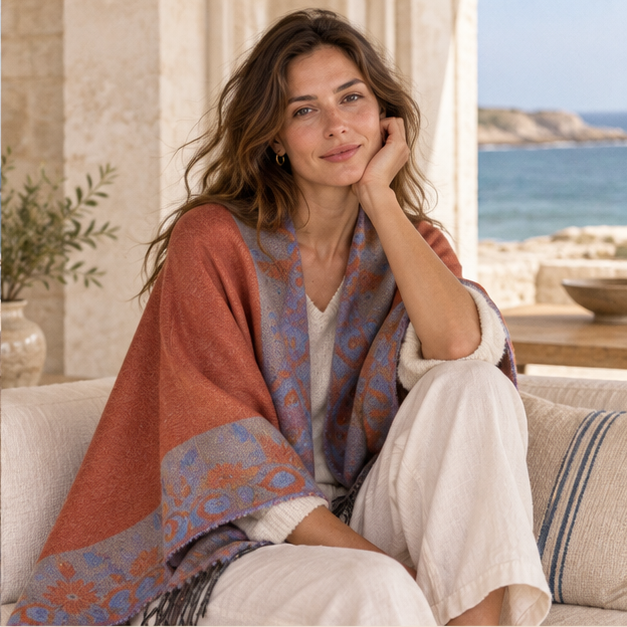 Cape Poncho à Franges Motifs Floraux – Orange / Adulte, dans un intérieur côtier lumineux