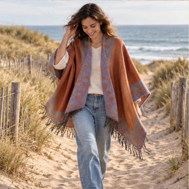 Cape Poncho à Franges Motifs Floraux – Orange / Adulte, porté en mouvement au bord de l’océan