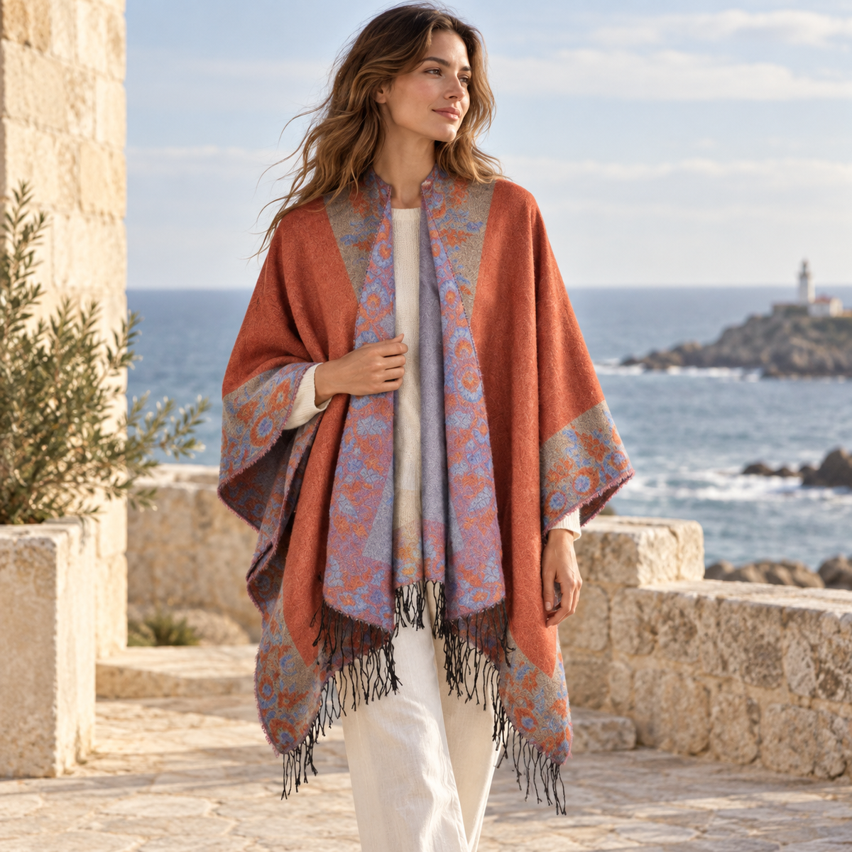 Cape Poncho à Franges Motifs Floraux – Orange / Adulte, visuel principal lifestyle