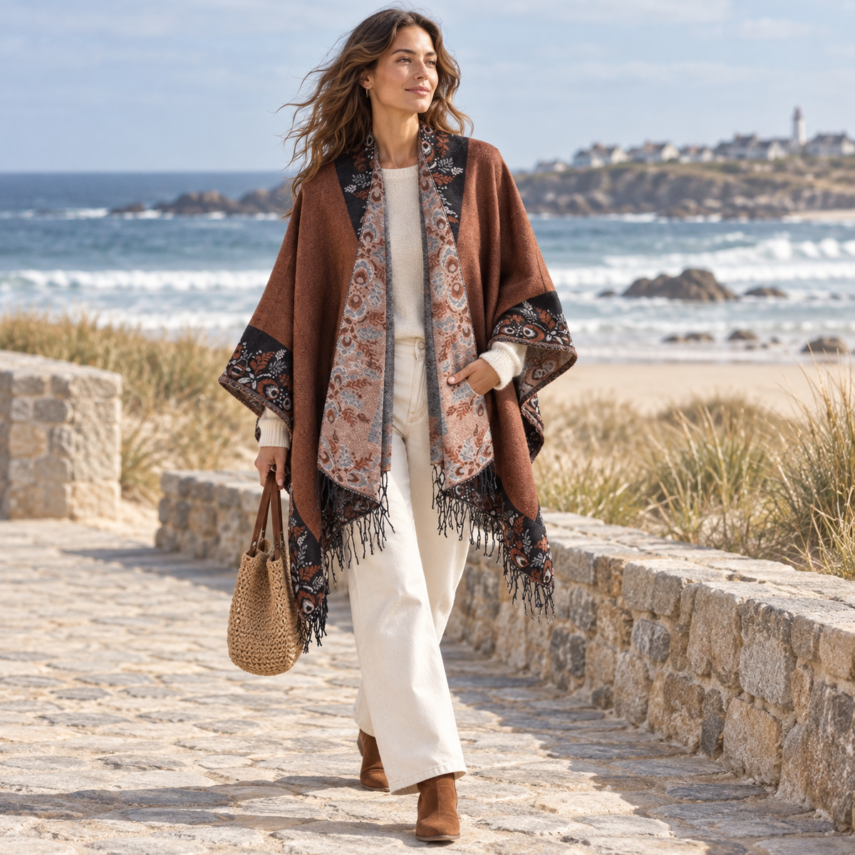Cape Poncho à Franges Motifs Floraux – Café / Adulte, en situation sur la côte Atlantique