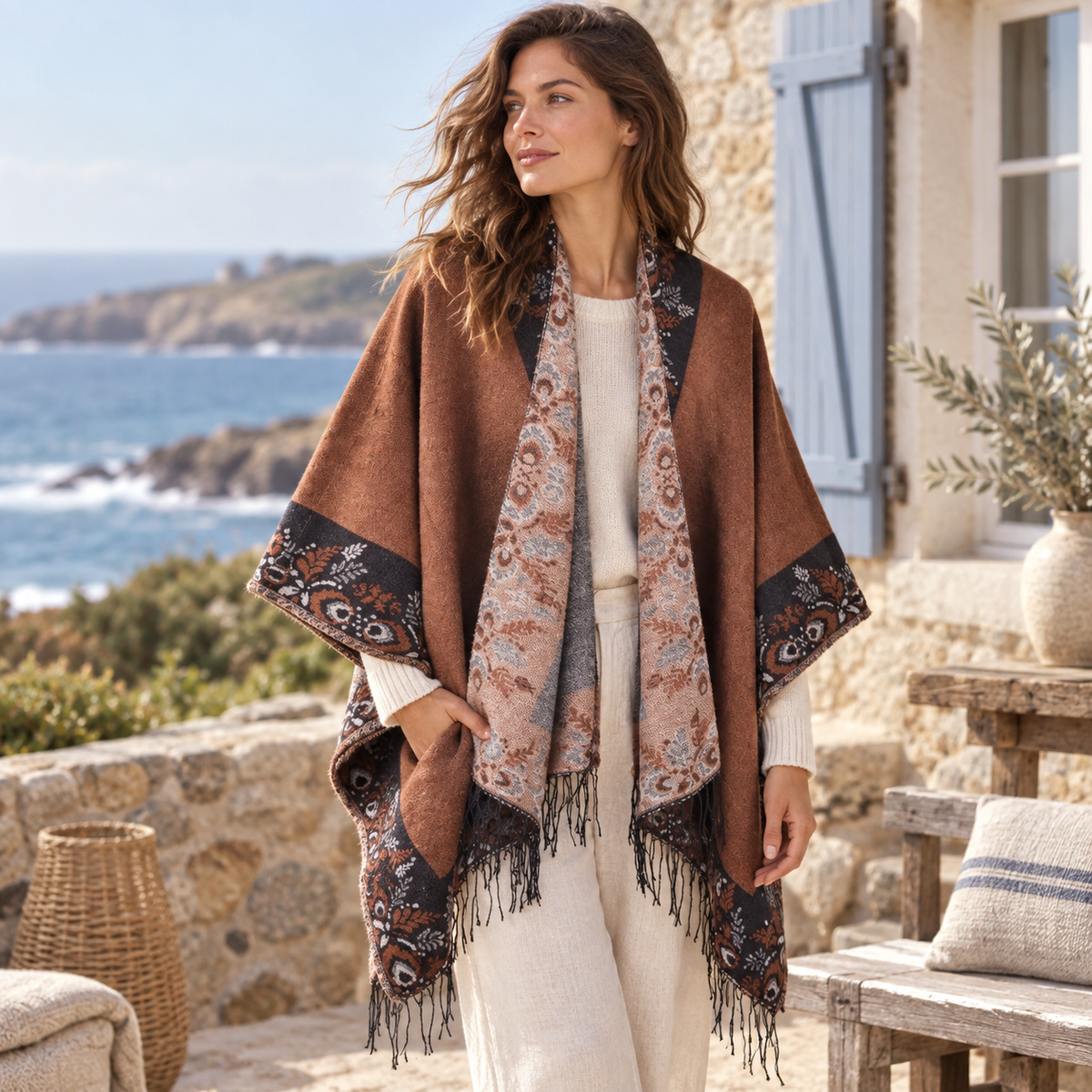 Cape Poncho à Franges Motifs Floraux – Café / Adulte, dans un intérieur côtier lumineux