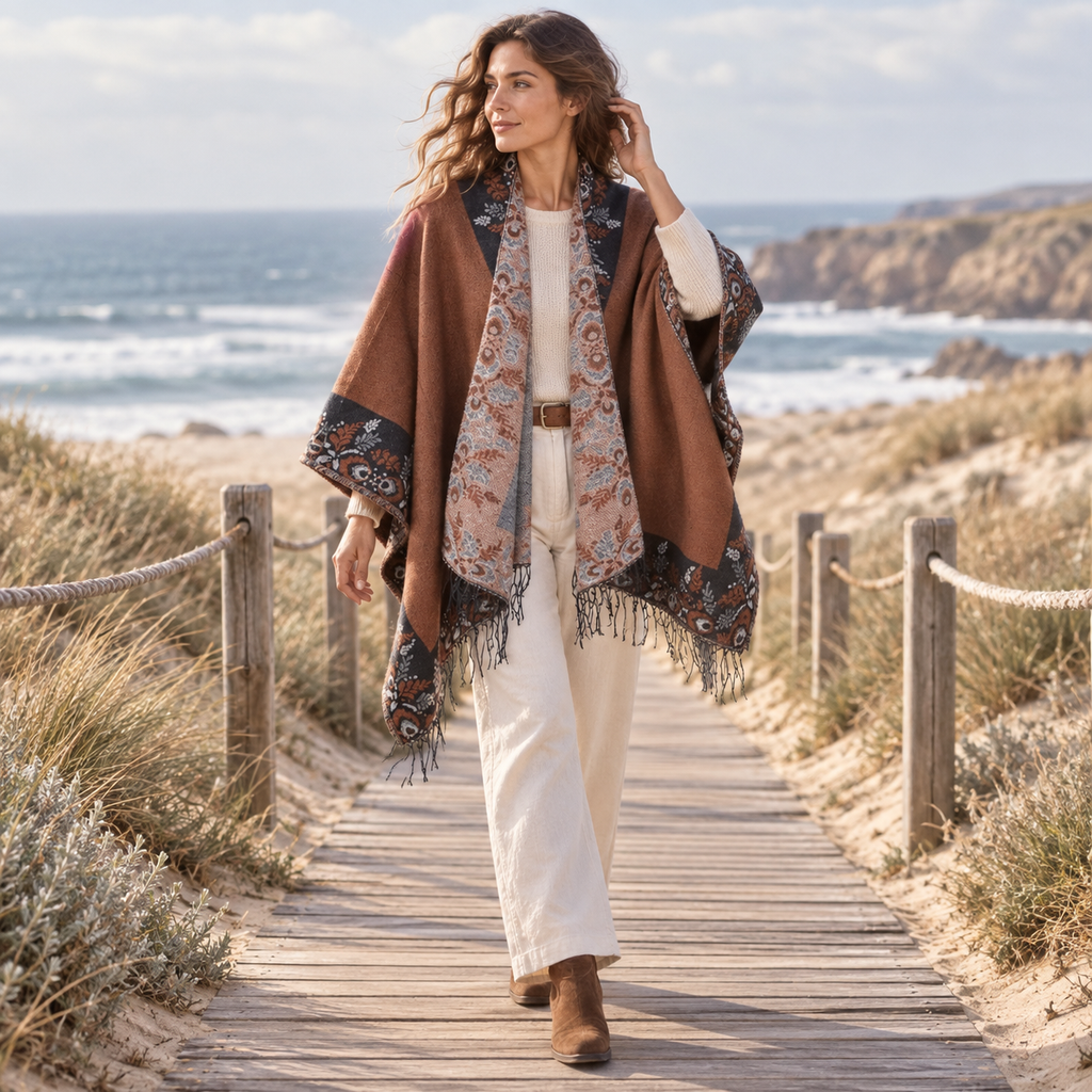 Cape Poncho à Franges Motifs Floraux – Café / Adulte, porté en mouvement au bord de l’océan