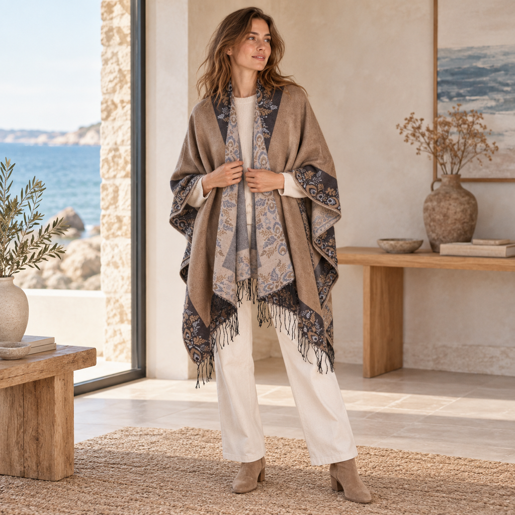 Cape Poncho à Franges Motifs Floraux – Camel / Adulte, dans un intérieur côtier lumineux