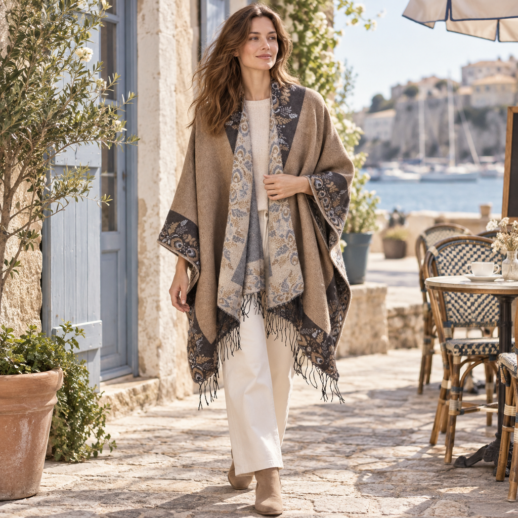 Cape Poncho à Franges Motifs Floraux – Camel / Adulte, porté en mouvement au bord de l’océan