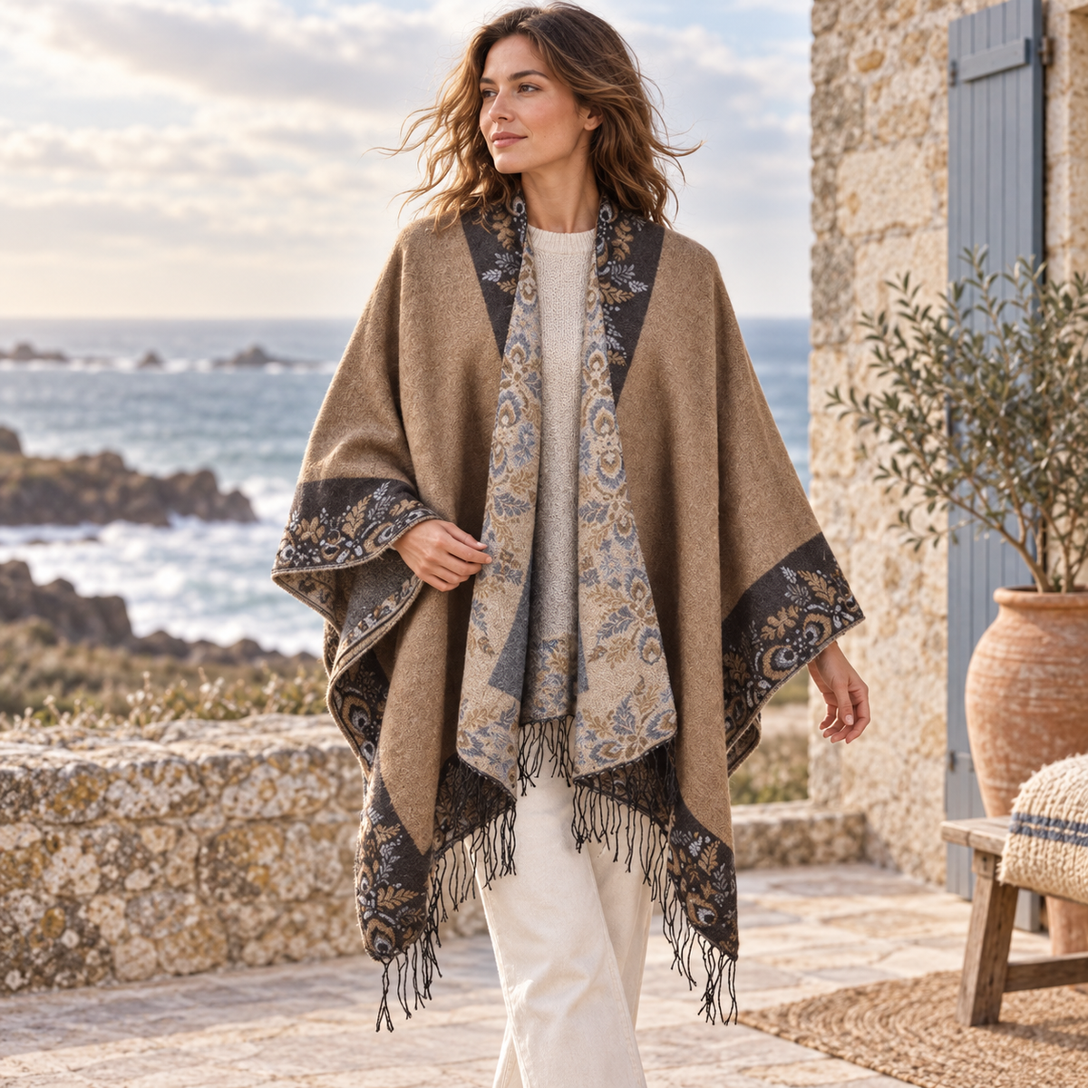 Cape Poncho à Franges Motifs Floraux – Camel / Adulte, visuel principal lifestyle