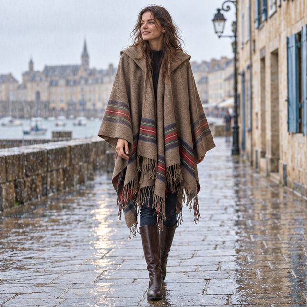 Cape Poncho Avec Capuche – Camel / Adulte, en situation sur la côte Atlantique