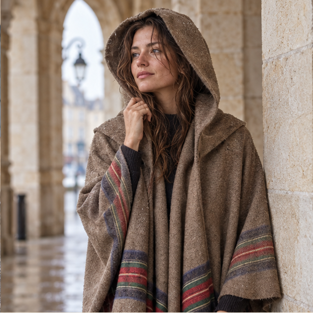Cape Poncho Avec Capuche – Camel / Adulte, dans un intérieur côtier lumineux