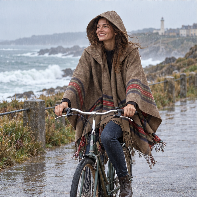 Cape Poncho Avec Capuche – Camel / Adulte, porté en mouvement au bord de l’océan