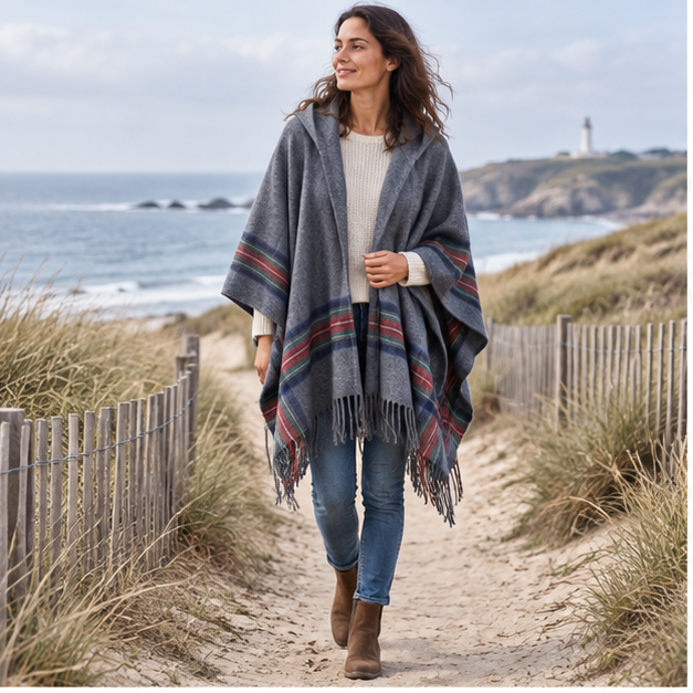 Cape Poncho Avec Capuche – Gris / Adulte, en situation sur la côte Atlantique