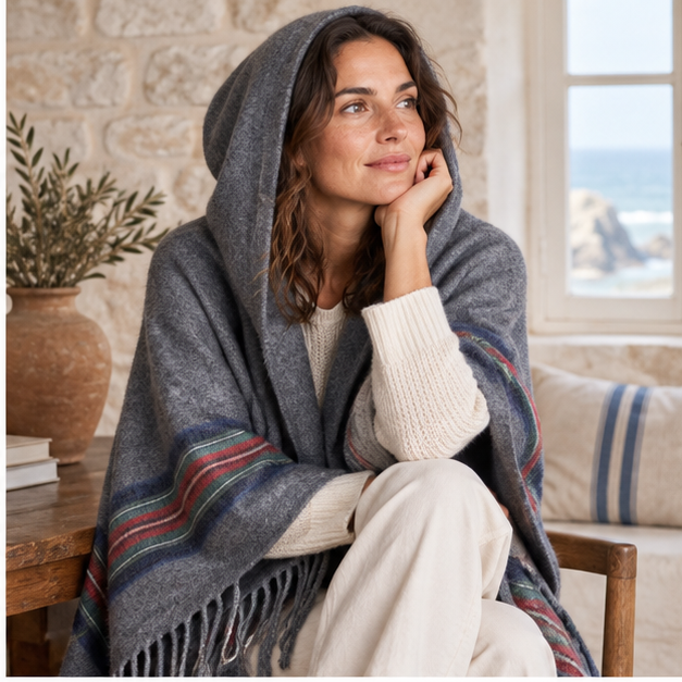 Cape Poncho Avec Capuche – Gris / Adulte, dans un intérieur côtier lumineux