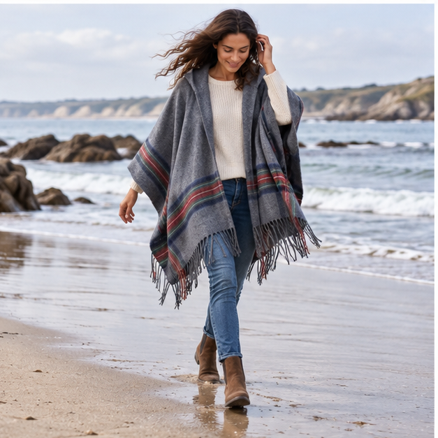 Cape Poncho Avec Capuche – Gris / Adulte, porté en mouvement au bord de l’océan