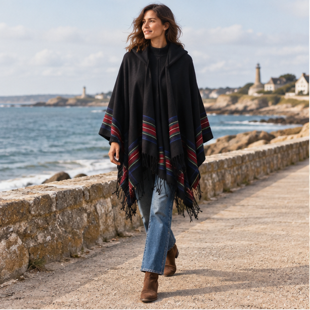 Cape Poncho Avec Capuche – Noir / Adulte, en situation sur la côte Atlantique