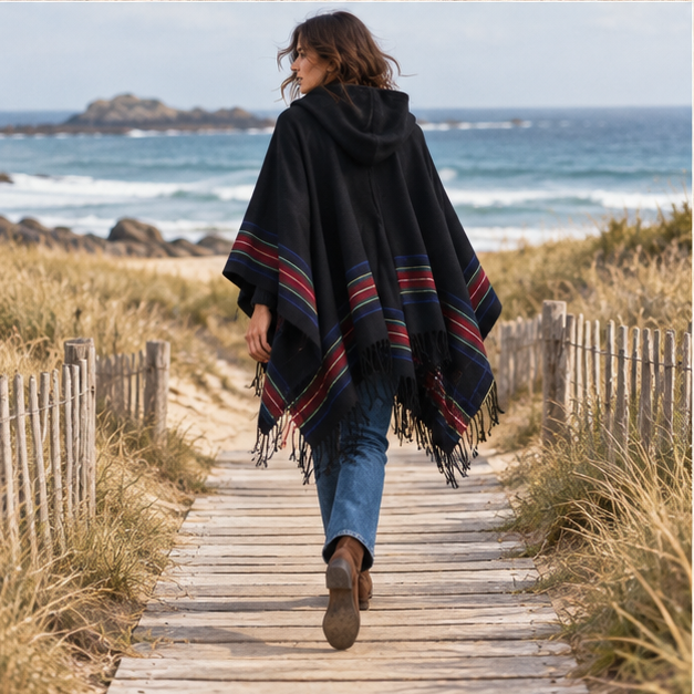 Cape Poncho Avec Capuche – Noir / Adulte, porté en mouvement au bord de l’océan