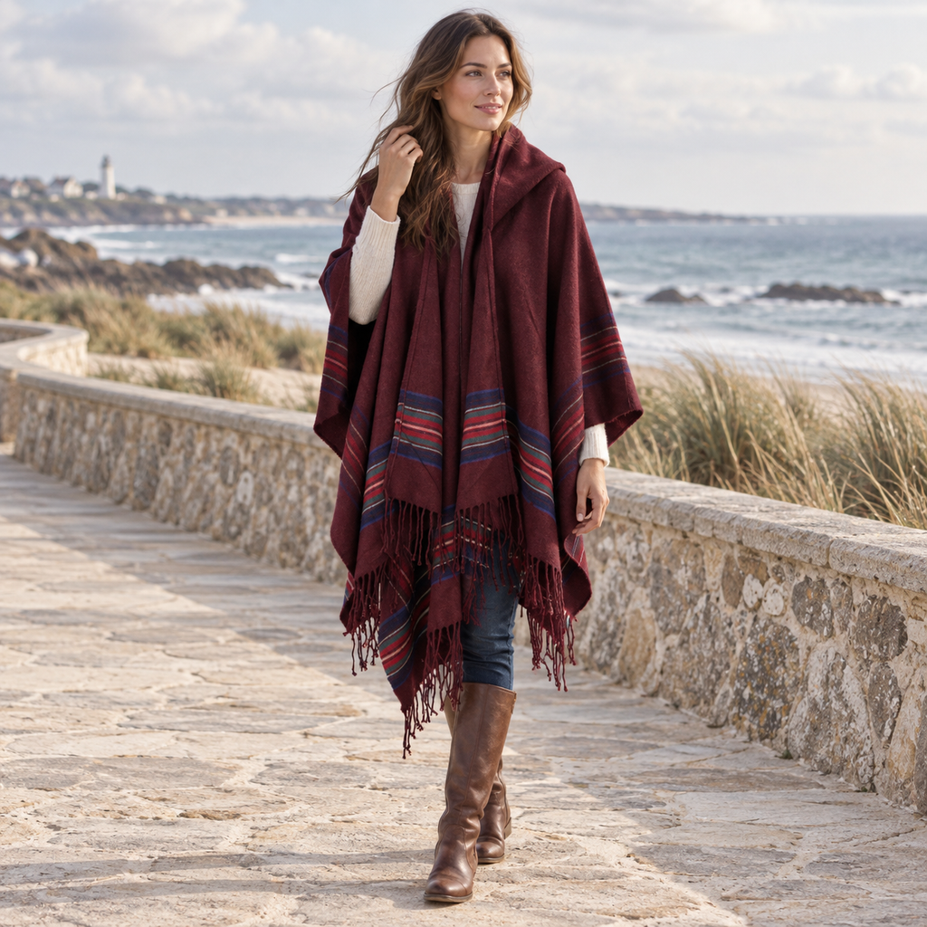 Cape Poncho Avec Capuche – Bordeaux / Adulte, en situation sur la côte Atlantique
