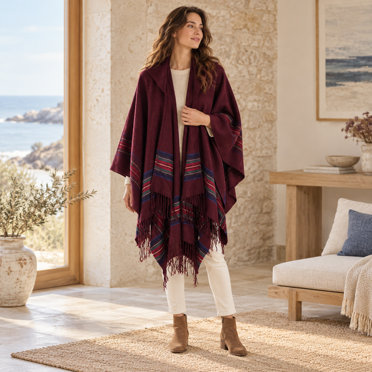 Cape Poncho Avec Capuche – Bordeaux / Adulte, dans un intérieur côtier lumineux