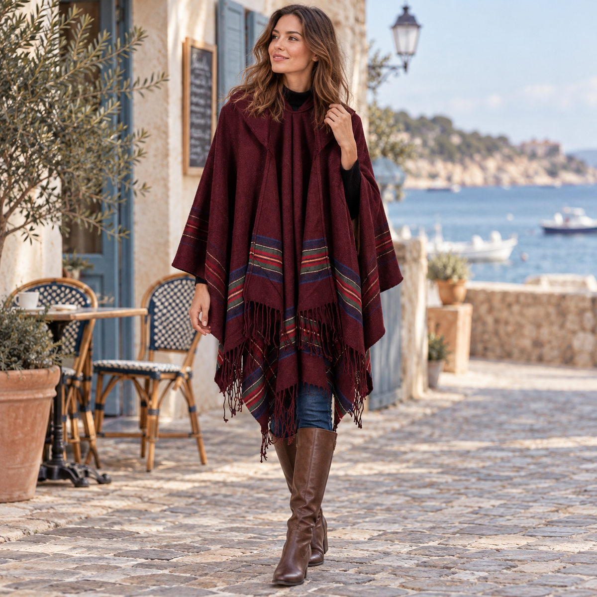Cape Poncho Avec Capuche – Bordeaux / Adulte, porté en mouvement au bord de l’océan
