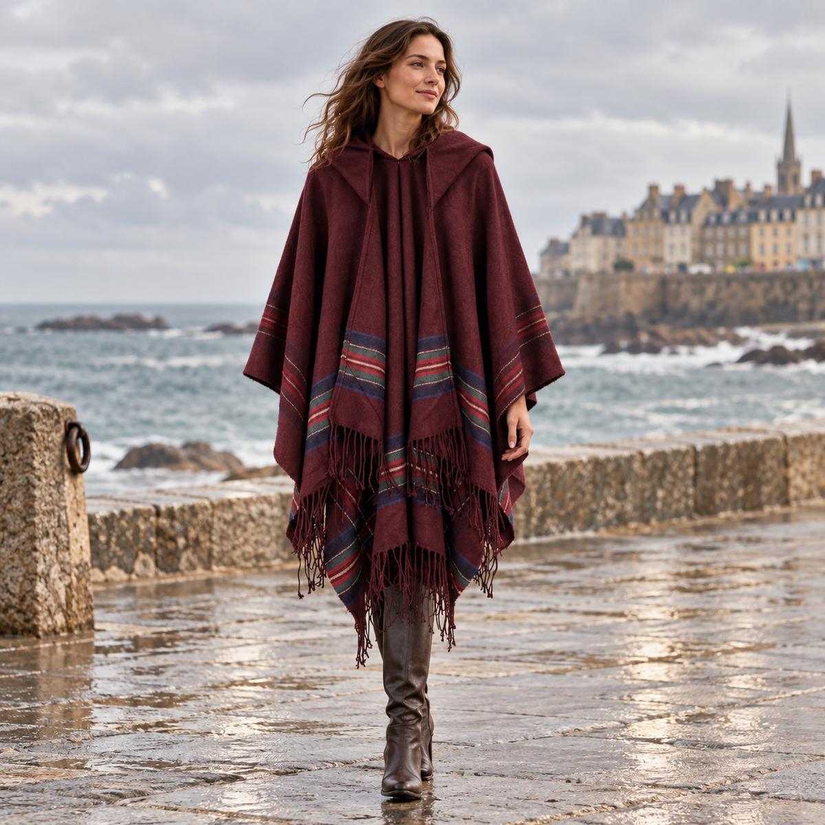 Cape Poncho Avec Capuche – Bordeaux / Adulte, visuel principal lifestyle