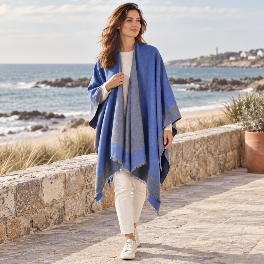 Cape Poncho Bleu – Bleu / Adulte, en situation sur la côte Atlantique