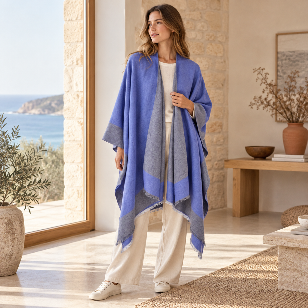 Cape Poncho Bleu – Bleu / Adulte, dans un intérieur côtier lumineux