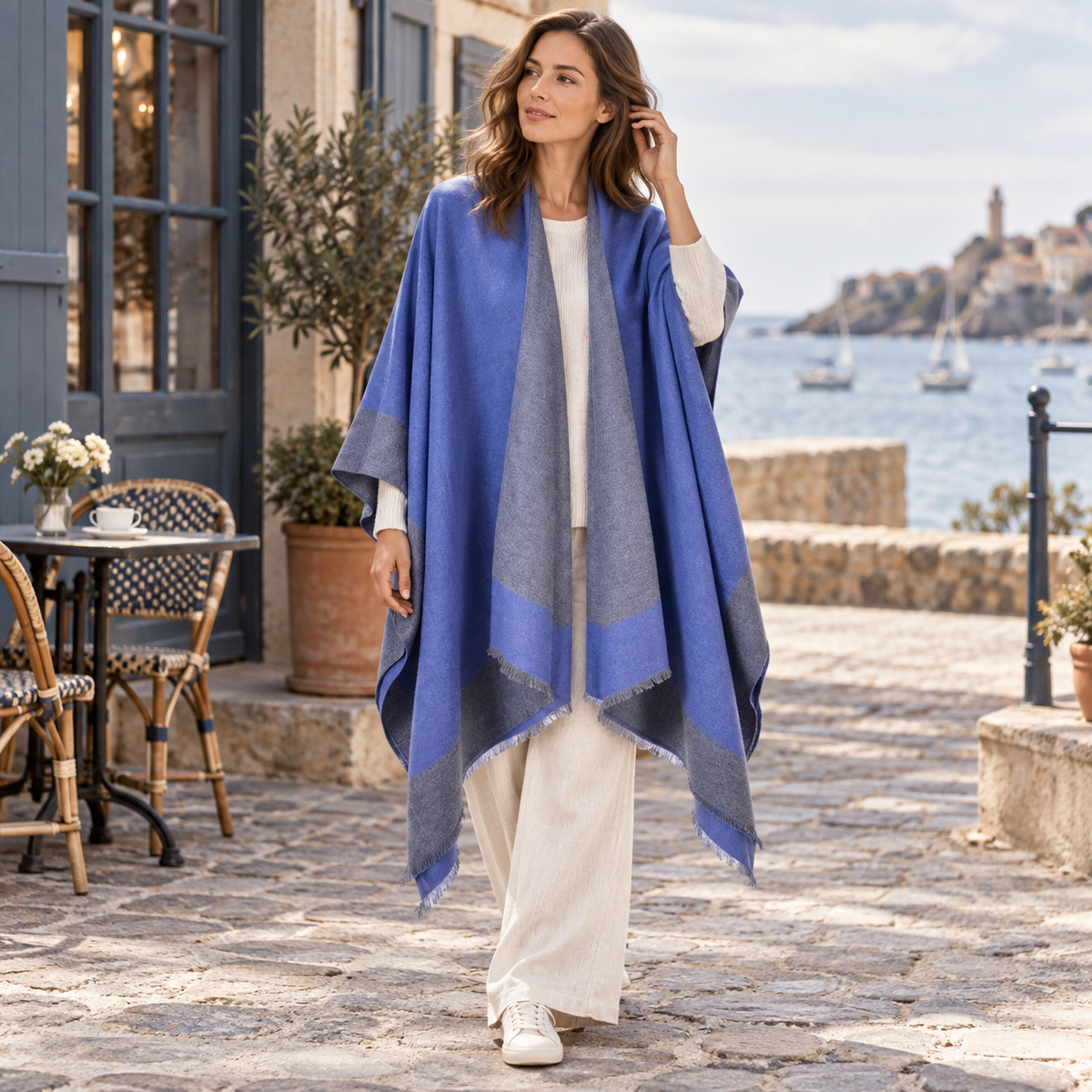 Cape Poncho Bleu – Bleu / Adulte, porté en mouvement au bord de l’océan